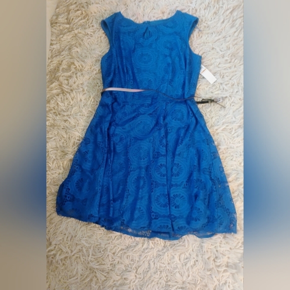 London Times Dress Womens  Blue Lace Belted Keyhole Dress SZ 16W NWT - Picture 2 of 11